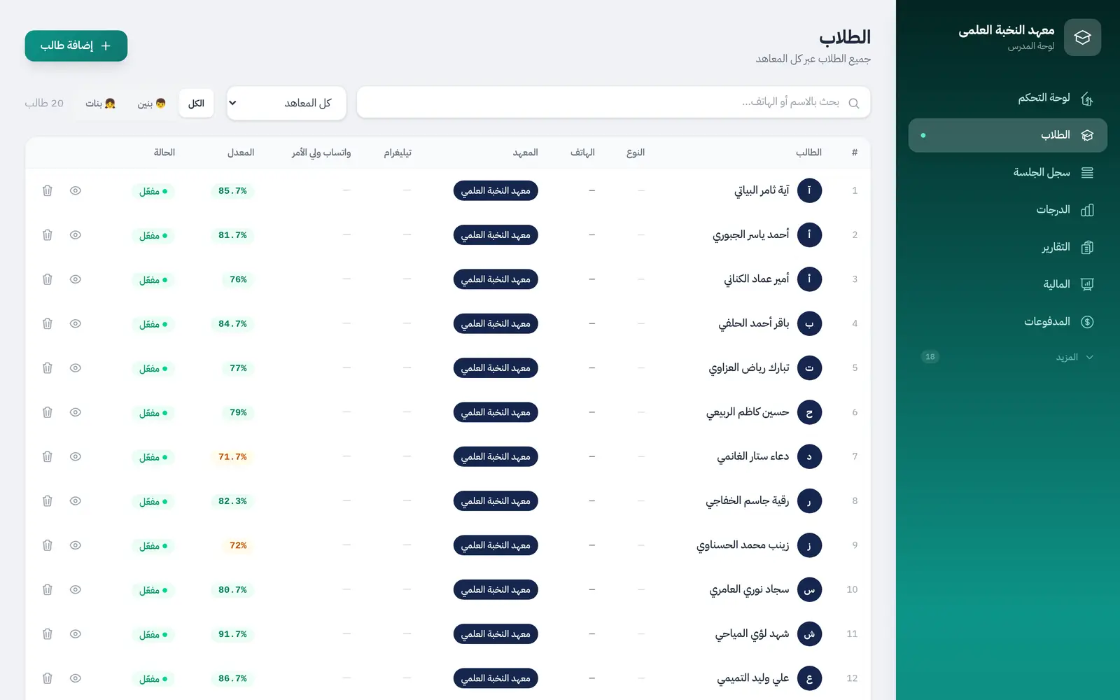 قائمة الطلاب في لوحة المدرس